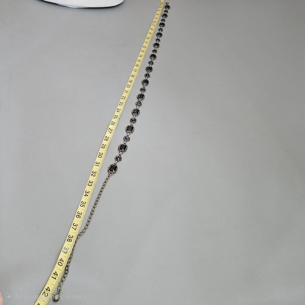 Vintage Style Black Stone Chain Belt Antiqued Silver Tone Adjustable Goth Boho